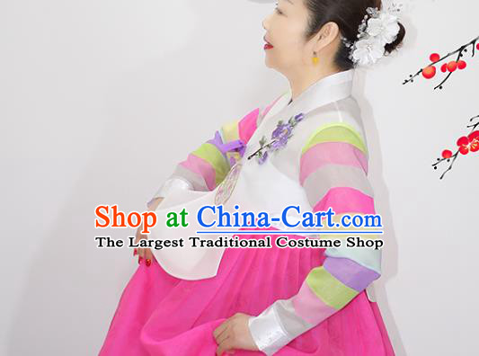 Korean Bride Mother White Blouse and Rosy Dress Traditional Fashion Garments Asian Korea Court Dance Hanbok Clothing
