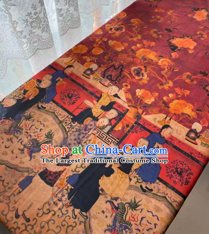 Chinese Classical Qing Dynasty Pattern Brocade Cloth Wine Red Gambiered Guangdong Gauze Material Traditional Qipao Dress Drapery Silk Fabric