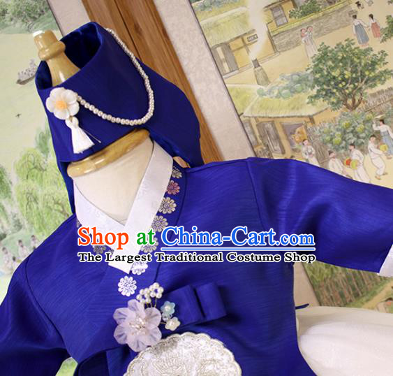Traditional Korean Court Fashion Apparels Baby Princess Hanbok Clothing Children Girl Royalblue Blouse and White Dress and Headwear