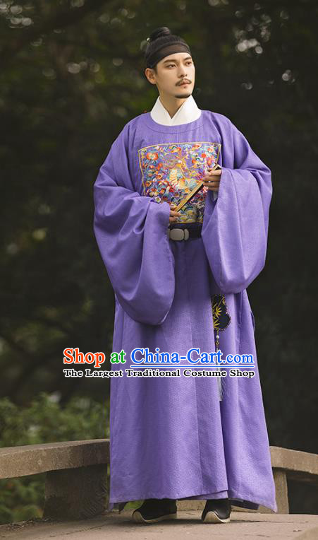 China Traditional Ming Dynasty Historical Clothing Ancient Scholar Hanfu Garment Embroidered Purple Official Robe for Men