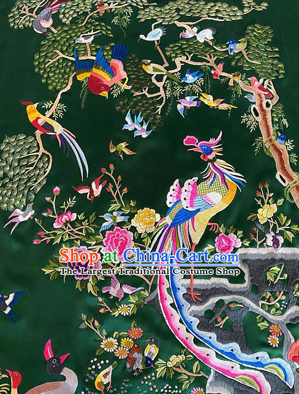 Chinese Traditional Embroidered Phoenix Birds Cloth Hand Embroidery Green Silk Applique Craft