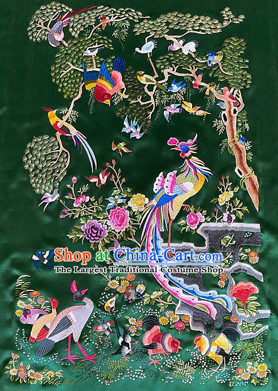 Chinese Traditional Embroidered Phoenix Birds Cloth Hand Embroidery Green Silk Applique Craft