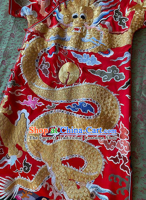 China Traditional Red Silk Cheongsam National Embroidered Dragon Qipao Dress Clothing