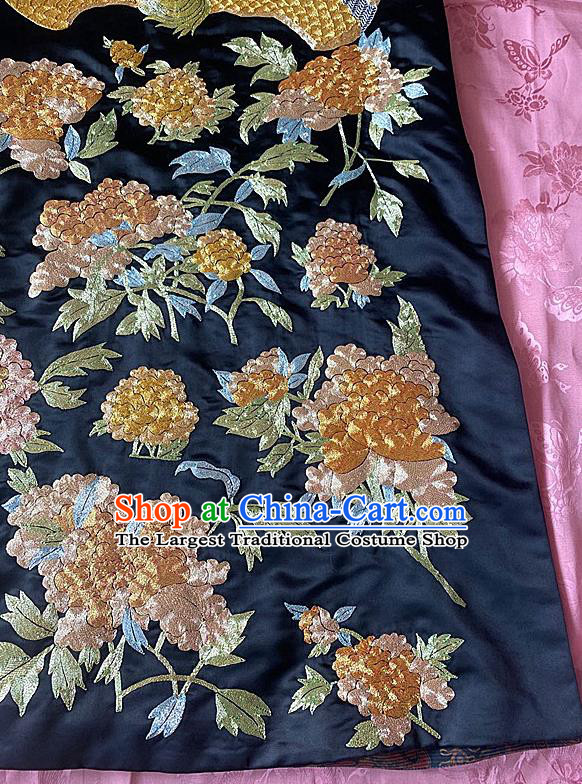 China Tang Suit Embroidery Phoenix Peony Qipao Dress Traditional Navy Silk Cheongsam National Embroidered Clothing