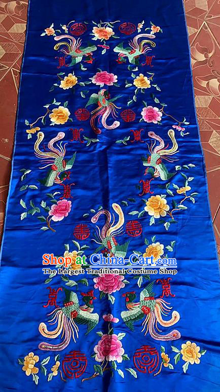 Chinese Traditional Embroidered Phoenix Peony Cloth Patch Hand Embroidery Royalblue Silk Applique Craft