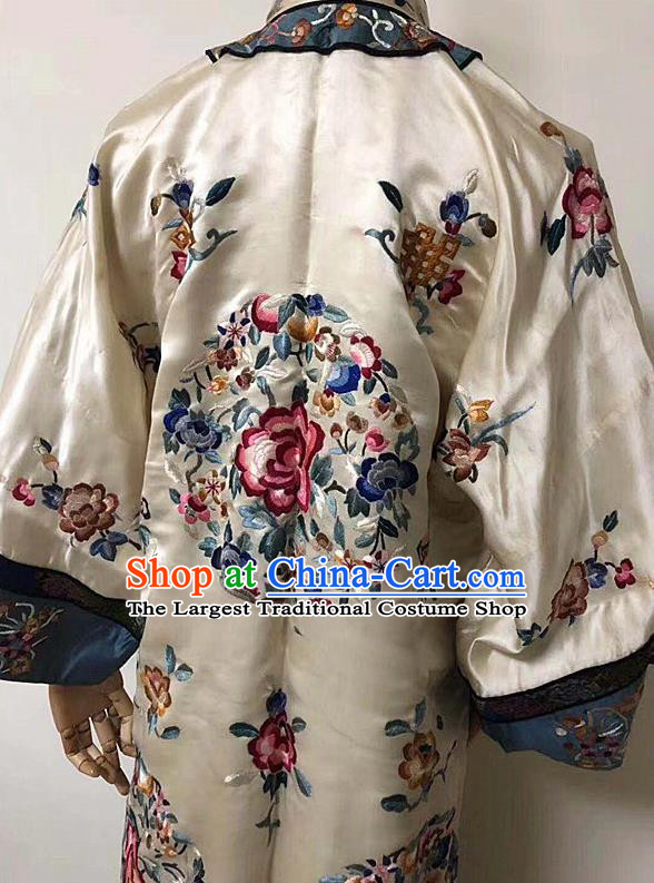 China National Embroidered Clothing Qing Dynasty Embroidery Long Gown Traditional Court Beige Silk Coat