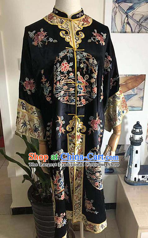China Traditional Court Black Silk Coat National Embroidered Clothing Qing Dynasty Embroidery Long Gown
