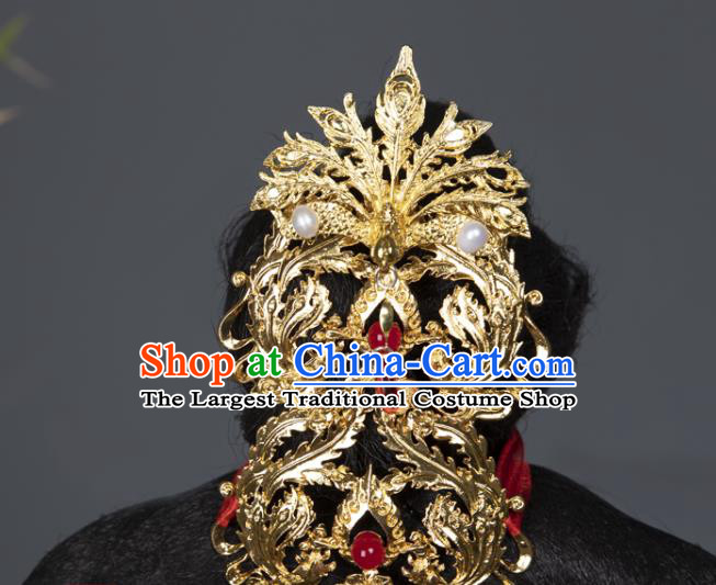 China Traditional Tang Dynasty Wedding Hair Accessories Ancient Princess Golden Hair Crown and Tassel Hairpins