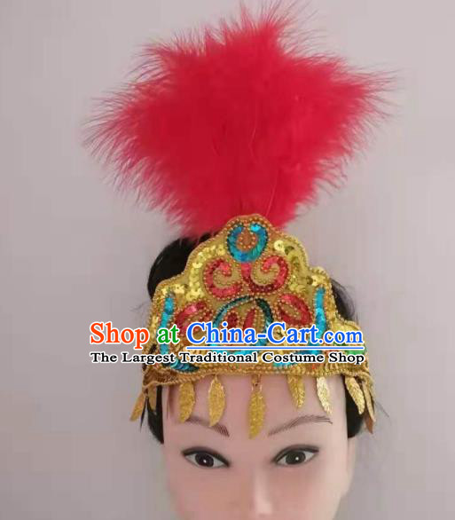 Chinese Traditional Uyghur Nationality Dance Headpieces Minority Stage Performance Red Feather Hair Crown Xinjiang Ethnic Folk Dance Hair Clasp
