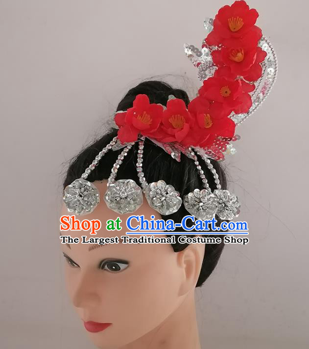 China Woman Classical Dance Hair Accessories Folk Dance Red Plum Headwear Traditional Yangko Dance Hair Stick