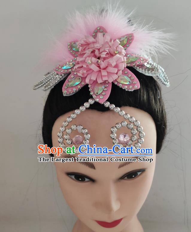 China Woman Yangko Dance Hair Accessories Traditional Fan Dance Pink Feather Hair Stick Folk Dance Headpiece