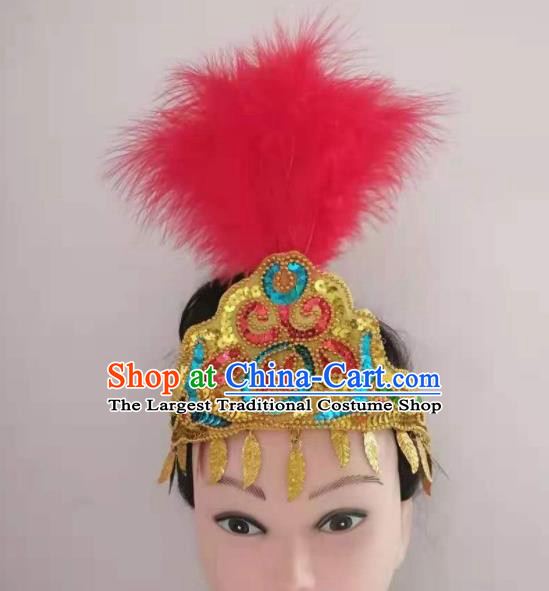 Chinese Traditional Uyghur Nationality Dance Headpieces Xinjiang Ethnic Watermelon Red Feather Hair Crown Folk Dance Hair Clasp