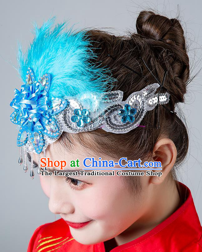 China Traditional Hair Accessories Folk Dance Blue Feather Headband Yangko Dance Hair Clasp Female Group Dance Headpiece