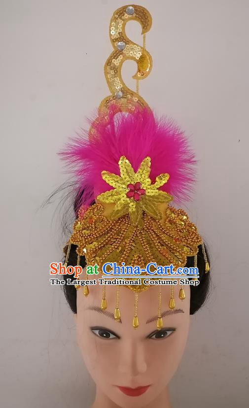 China Folk Dance Headpiece Traditional Yangko Dance Hair Crown Woman Group Dance Rosy Feather Hair Clasp