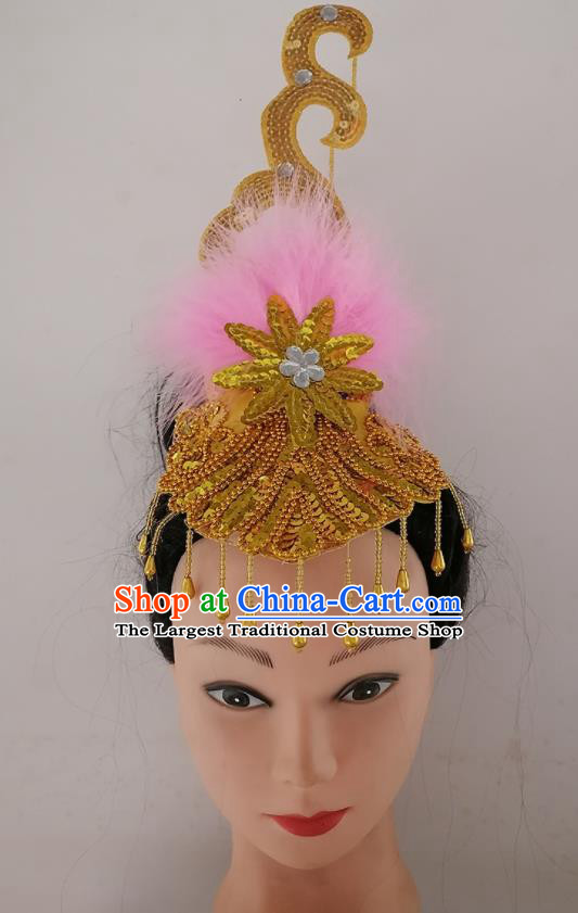 China Traditional Yangko Dance Tassel Hair Crown Woman Group Dance Pink Feather Hair Clasp Folk Dance Headpiece