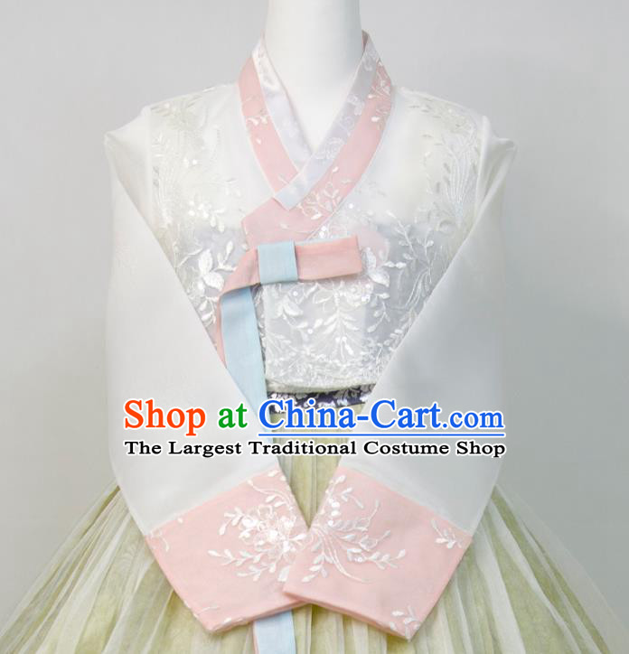Korea Wedding Bride Fashion Costumes Court Hanbok White Blouse and Yellow Dress Korean Traditional Dance Clothing