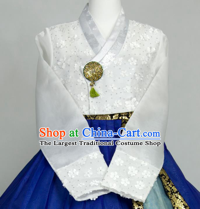 Korean Traditional Festival Clothing Korea Wedding Bride Fashion Costumes Court Hanbok White Blouse and Royalblue Dress