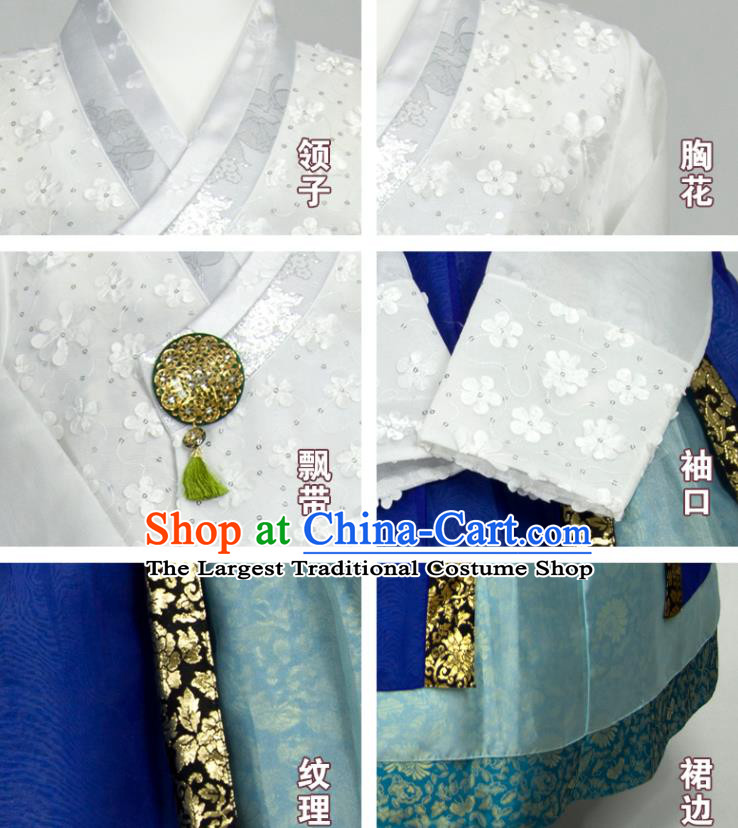 Korean Traditional Festival Clothing Korea Wedding Bride Fashion Costumes Court Hanbok White Blouse and Royalblue Dress
