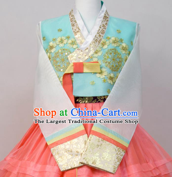 Korea Traditional Court Festival Clothing Wedding Fashion Costumes Korean Bride Hanbok Blue Blouse and Pink Dress