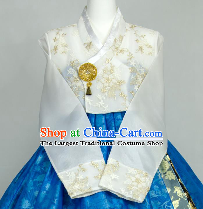Korean Traditional Court Clothing Classical Wedding Fashion Costumes Bride Hanbok White Blouse and Royalblue Dress Korea