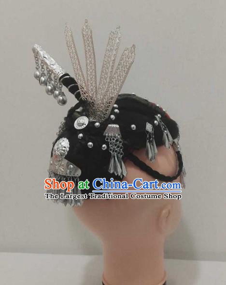 China Miao Nationality Woman Wigs Ethnic Folk Dance Silver Hair Accessories Hmong Minority Performance Headpieces