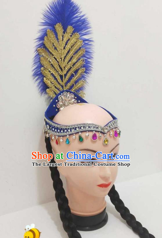 China Uyghur Minority Performance Headwear Uighur Nationality Blue Feather Headband Xinjiang Ethnic Folk Dance Hair Accessories
