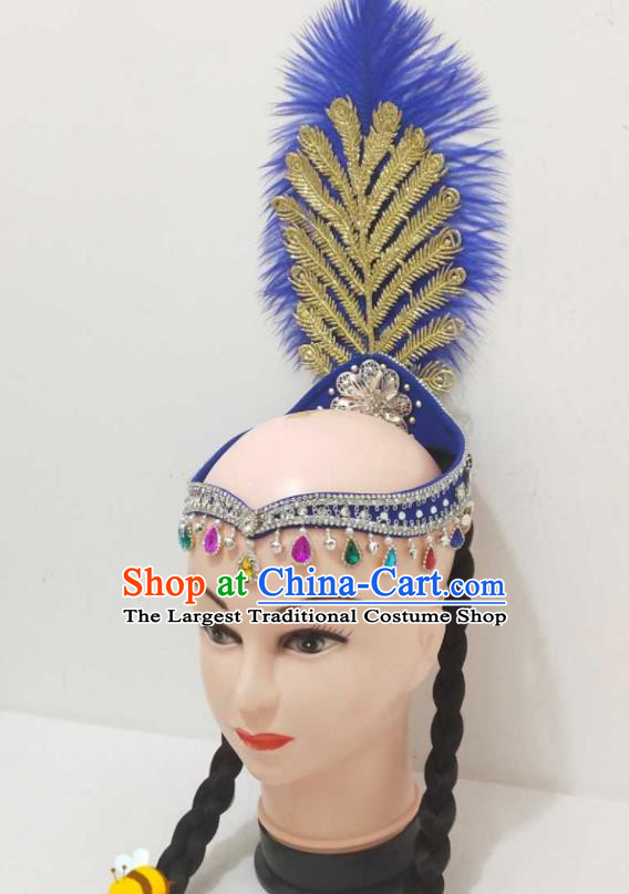 China Uyghur Minority Performance Headwear Uighur Nationality Blue Feather Headband Xinjiang Ethnic Folk Dance Hair Accessories