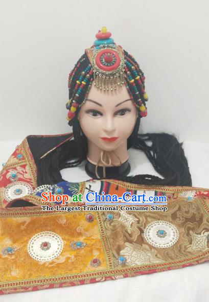 China Zang Ethnic Folk Dance Hair Accessories Minority Performance Headwear Tibetan Nationality Headdress