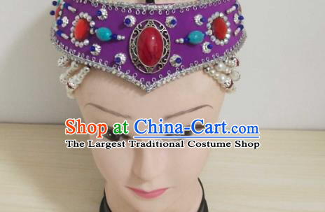 China Mongol Minority Performance Headwear Mongolian Nationality Woman Purple Headband Ethnic Folk Dance Hair Accessories