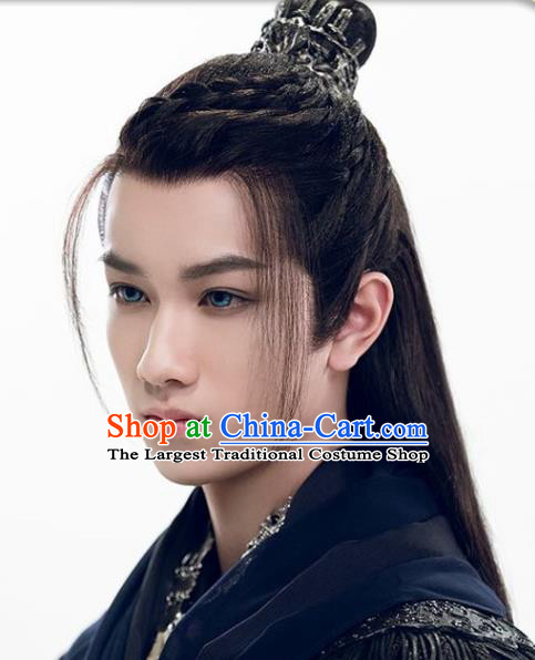 Chinese Jin Dynasty Knight Toupee Hairpieces Cosplay Drama Chivalrous Male Black Wigs Ancient Swordsman Headdress