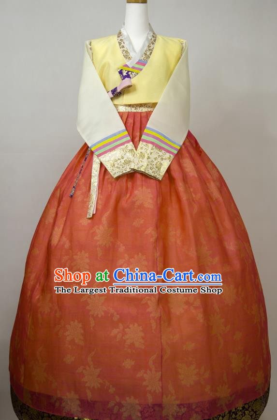 Korea Bride Hanbok Yellow Blouse and Red Dress Korean Traditional Court Clothing Classical Wedding Fashion Costumes