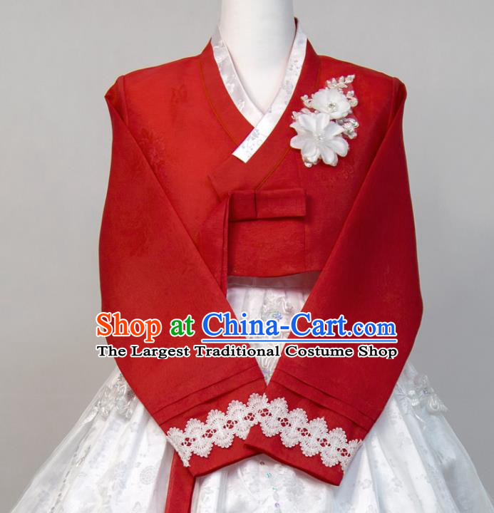 Korean Traditional Court Princess Clothing Korea Classical Wedding Fashion Costumes Bride Hanbok Red Blouse and White Dress
