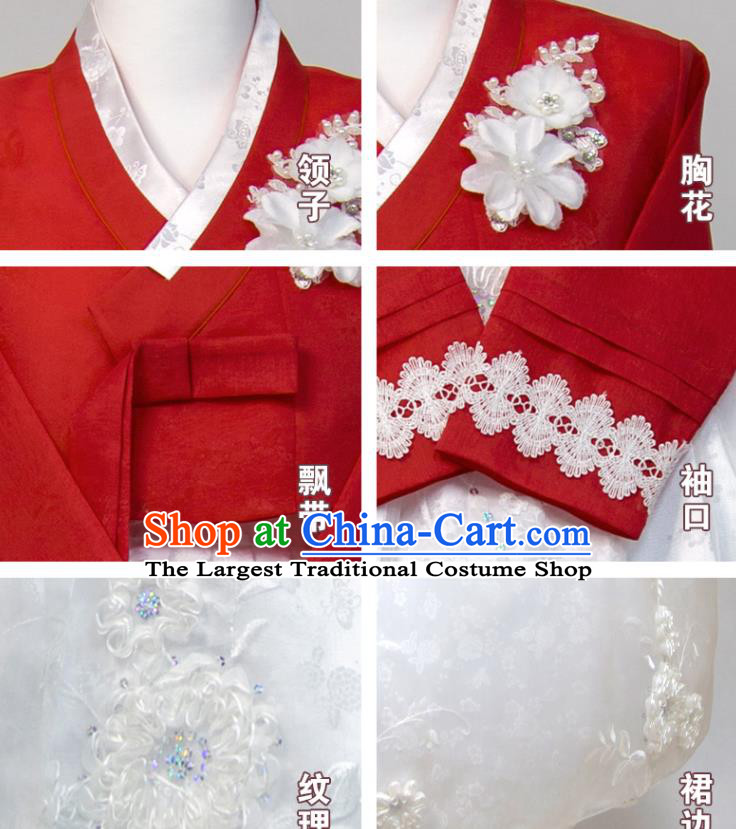 Korean Traditional Court Princess Clothing Korea Classical Wedding Fashion Costumes Bride Hanbok Red Blouse and White Dress