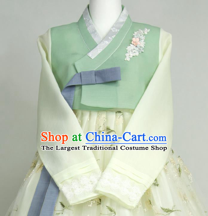 Korean Classical Wedding Fashion Costumes Young Lady Hanbok Green Blouse and Beige Dress Korea Traditional Court Bride Clothing