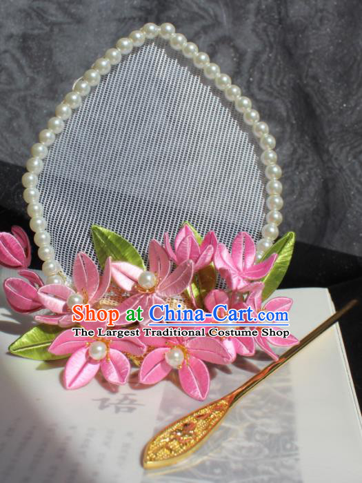 China Traditional Hanfu Hair Accessories Ancient Court Woman Pink Silk Flowers Hair Crown Song Dynasty Imperial Consort Headpieces