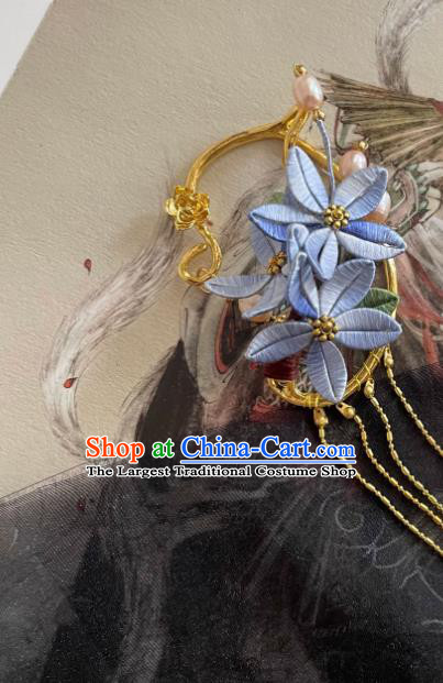 Handmade Chinese Ming Dynasty Princess Blue Silk Flowers Ear Accessories Ancient Palace Lady Pearls Tassel Earrings