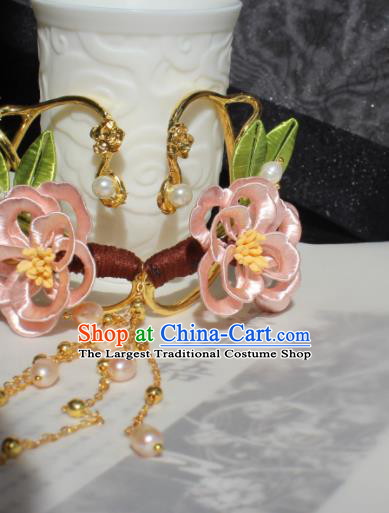 Handmade Chinese Ancient Palace Lady Pearls Tassel Earrings Ming Dynasty Princess Pink Silk Flowers Ear Accessories