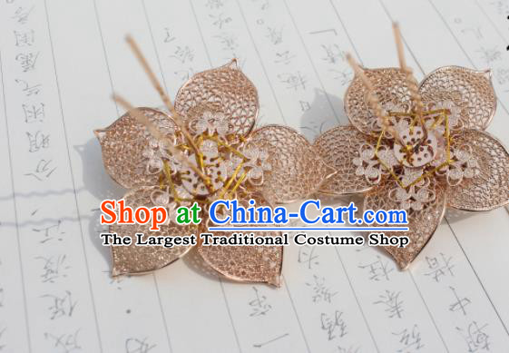 China Tang Dynasty Princess Golden Hairpin Traditional Hanfu Hair Accessories Ancient Court Lady Peach Blossom Hair Stick