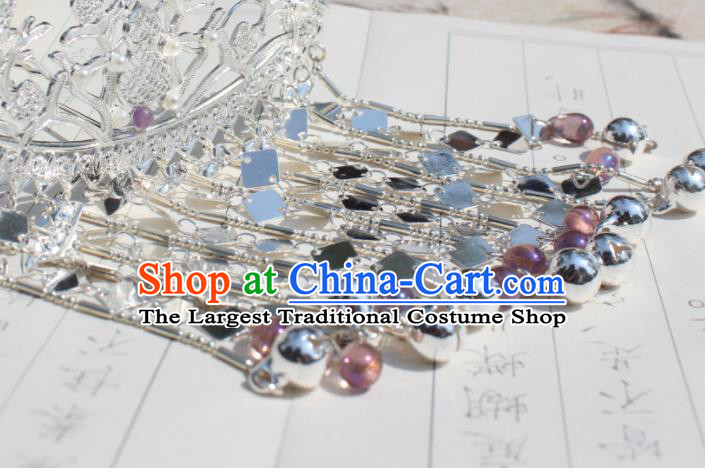 China Ming Dynasty Princess Bells Tassel Hairpin Traditional Hanfu Hair Accessories Ancient Swordswoman Argent Hair Stick