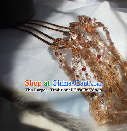 China Tang Dynasty Queen Hairpin Traditional Hanfu Hair Accessories Ancient Empress Golden Bells Tassel Hair Stick