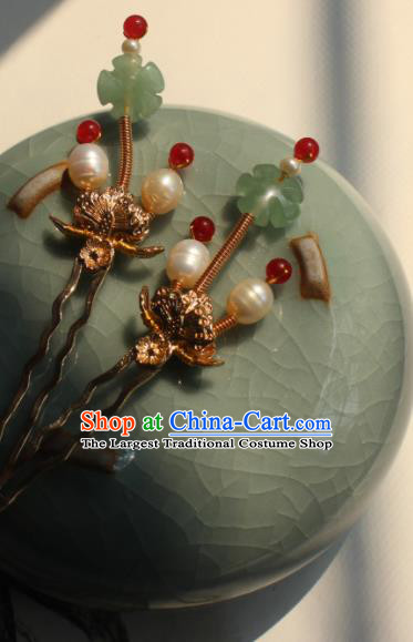 China Ming Dynasty Princess Pearls Hairpin Traditional Hanfu Hair Accessories Ancient Palace Lady Jade Plum Hair Stick