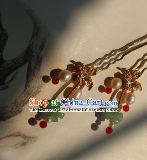 China Ming Dynasty Princess Pearls Hairpin Traditional Hanfu Hair Accessories Ancient Palace Lady Jade Plum Hair Stick