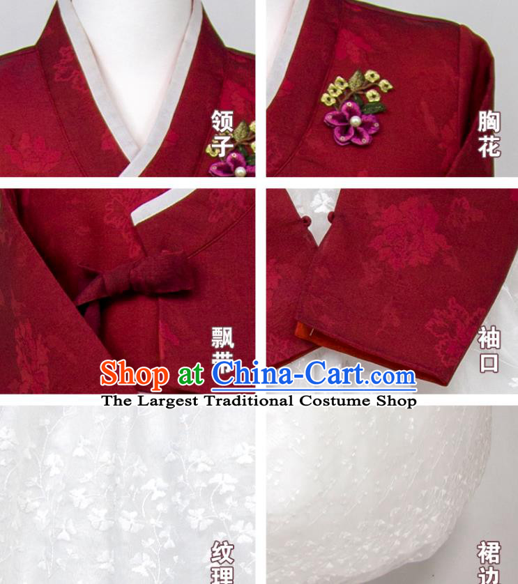 Korea Classical Wedding Fashion Costumes Young Woman Hanbok Wine Red Blouse and White Dress Korean Traditional Court Bride Clothing