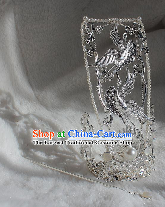 Chinese Ancient Emperor Headpieces Traditional Jin Dynasty Royal Prince Argent Crane Hair Crown and Long Hairpins