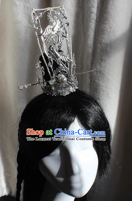 Chinese Ancient Emperor Headpieces Traditional Jin Dynasty Royal Prince Argent Crane Hair Crown and Long Hairpins