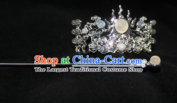 Chinese Ancient Swordsman Headpieces Traditional Jin Dynasty Prince Argent Flame Hair Crown and Chalcedony Hairpin