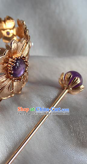 Chinese Ancient Swordsman Golden Peony Headpieces Traditional Tang Dynasty Royal Highness Hair Crown and Amethyst Hairpin