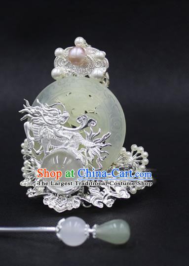 Chinese Ancient Royal Prince Headpieces Traditional Ming Dynasty Imperial Guards Jade Hair Crown and Argent Hairpin