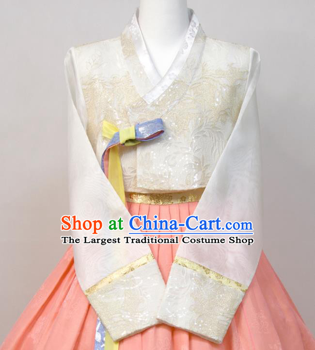 Korea Traditional Wedding Clothing Korean Bride Fashion Costumes Young Lady Classical Hanbok White Blouse and Pink Dress