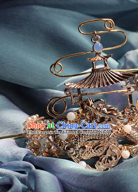 Chinese Traditional Ming Dynasty Empress Hair Crown and Dragon Hairpin Ancient Royal Prince Golden Headpieces